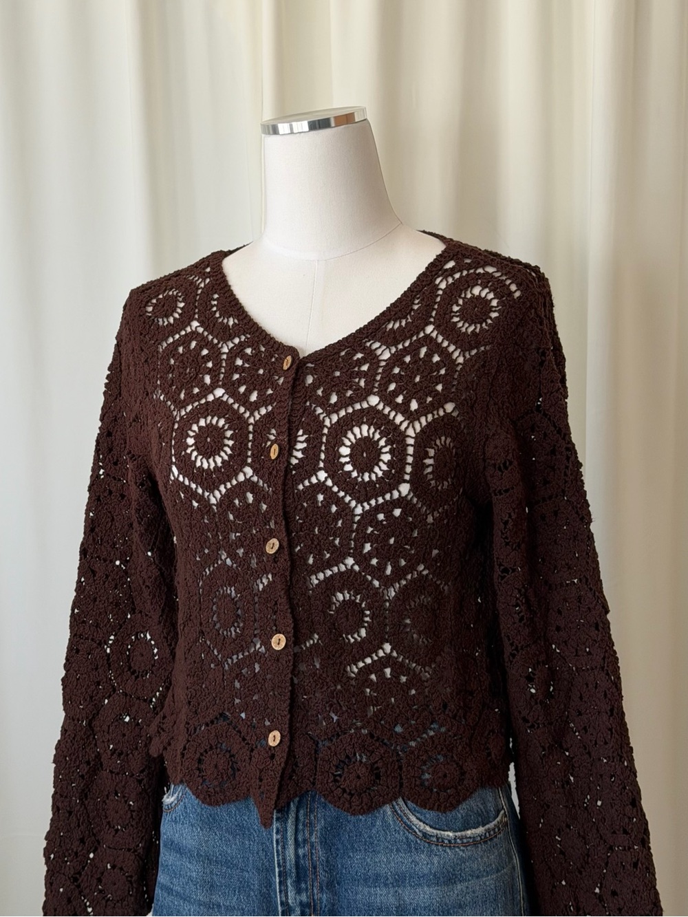 Brown Crochet Knit Cardigan Top Size Medium Long Sleeve Button Up Boho. - Picture 2 of 11